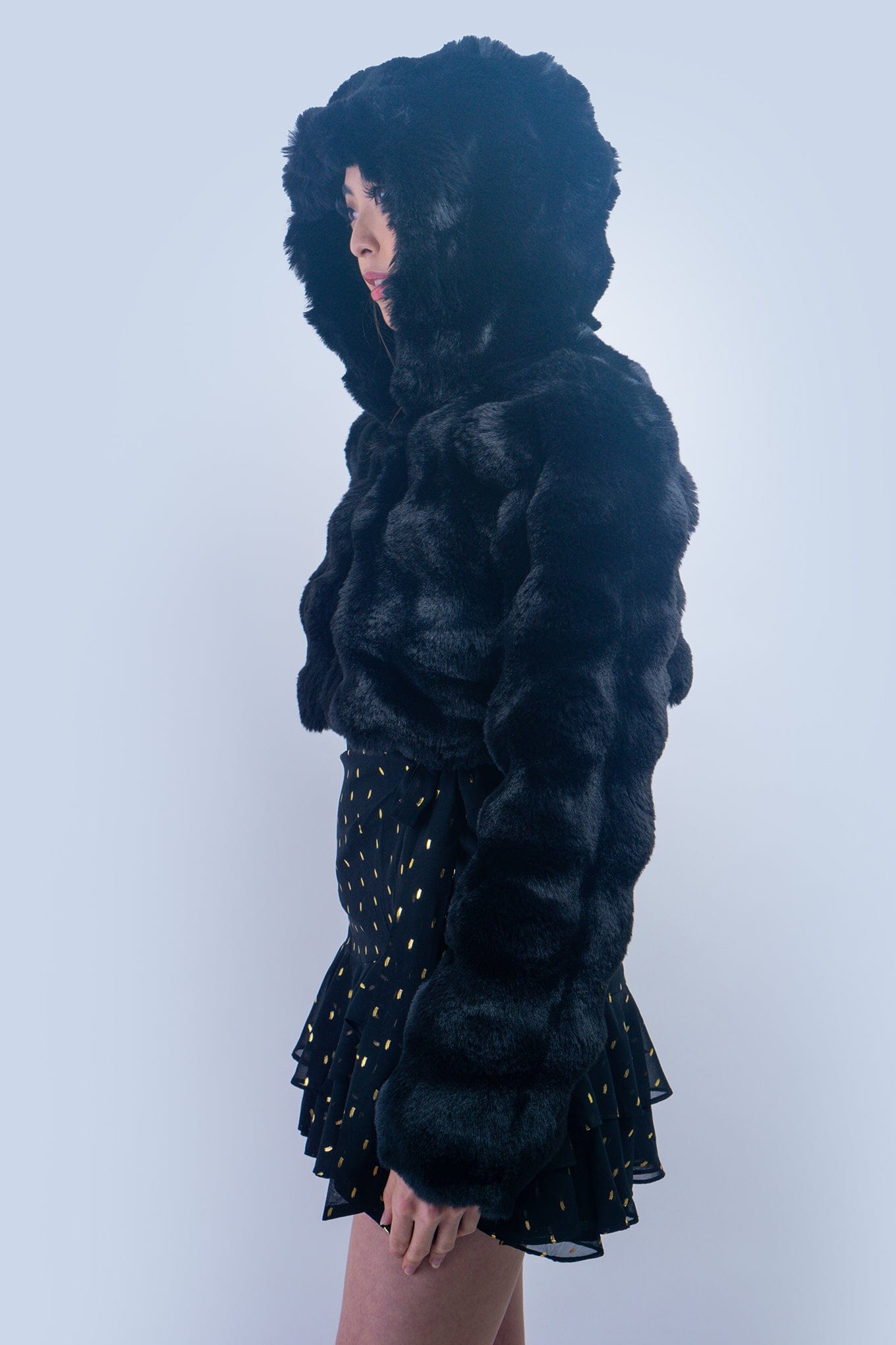 DCD JACKETS Black  Faux Fur Hooded Crop Jacket