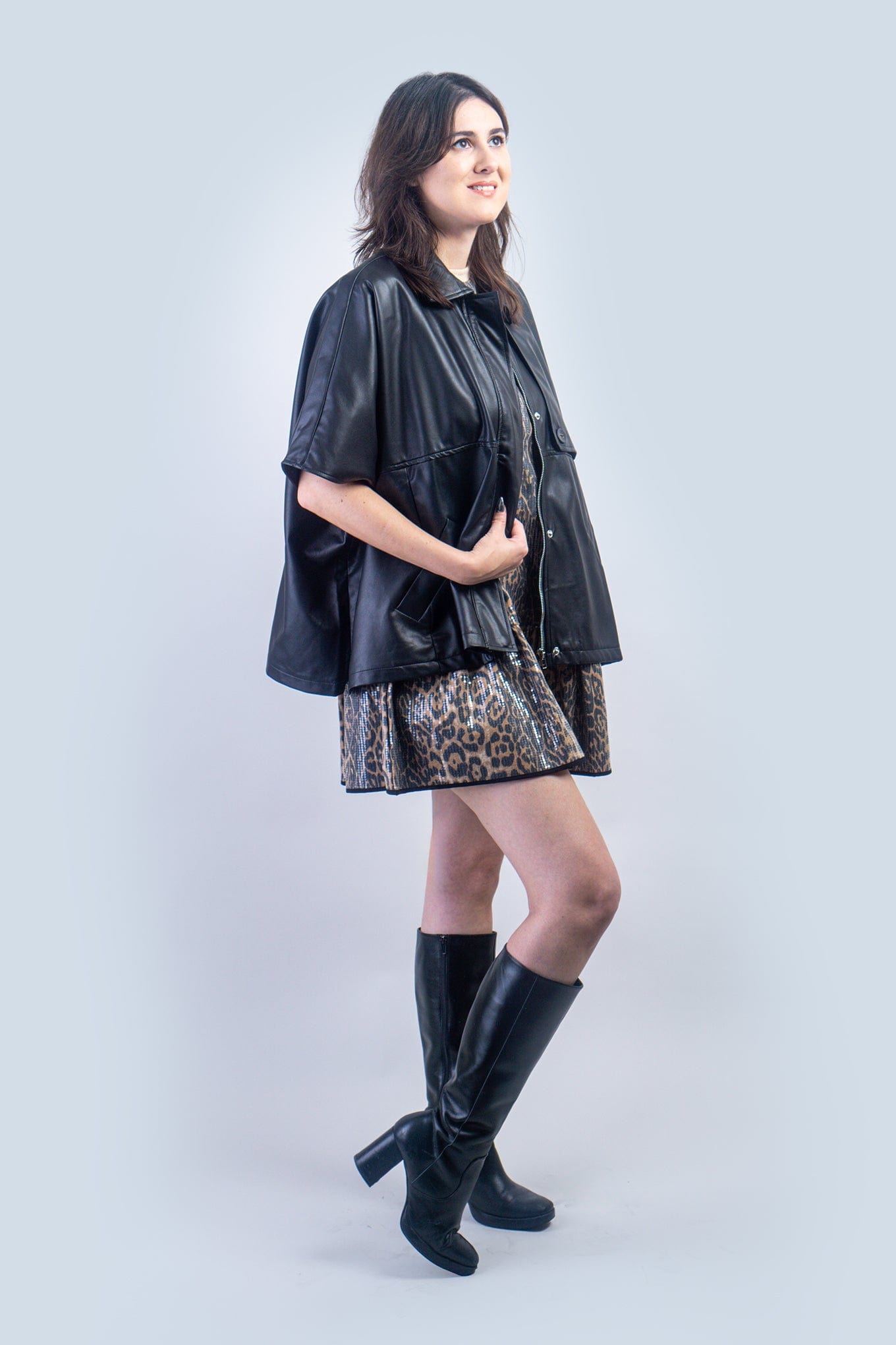 DCD JACKETS Black Faux Leather Oversized Cape Jacket