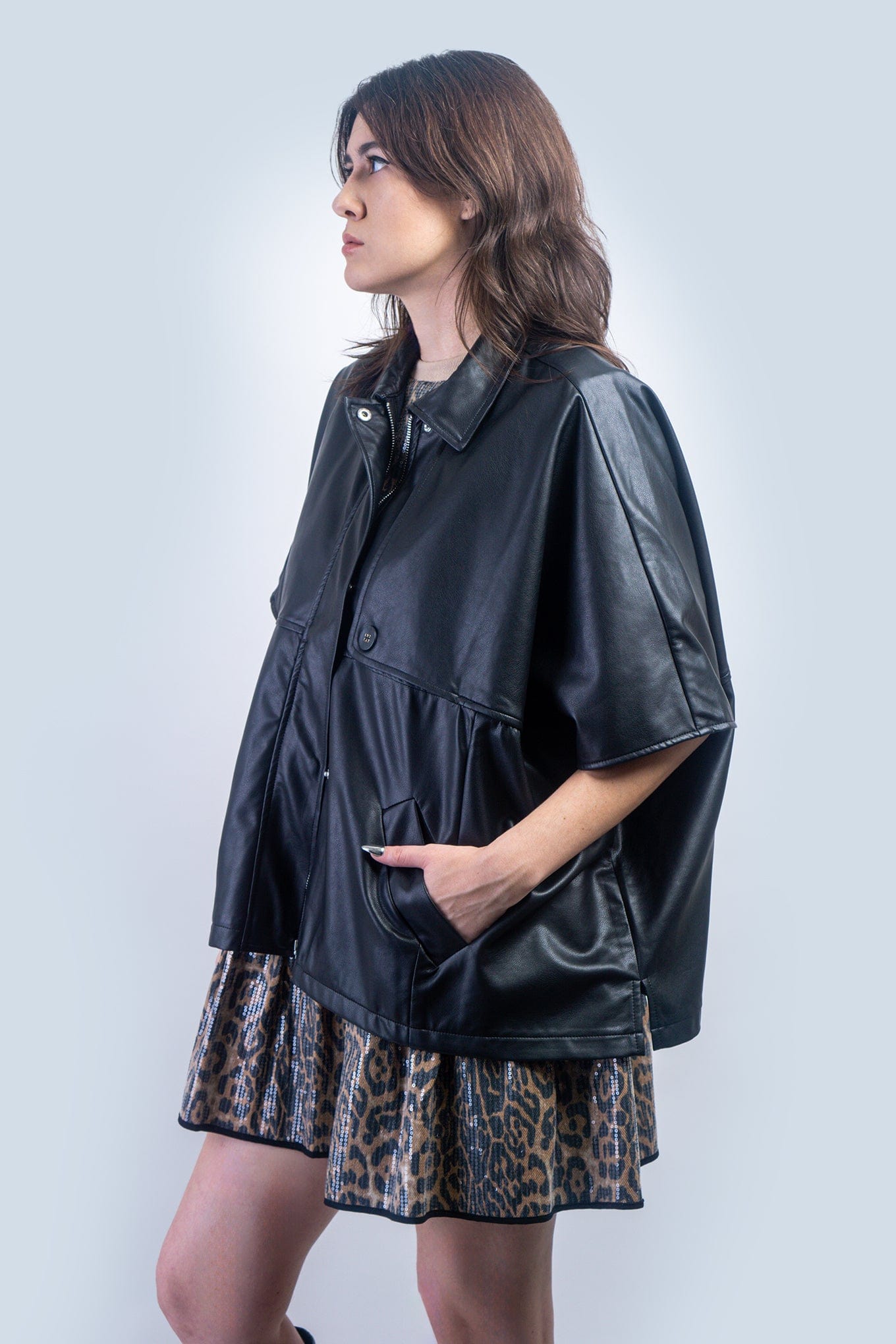 DCD JACKETS Black Faux Leather Oversized Cape Jacket