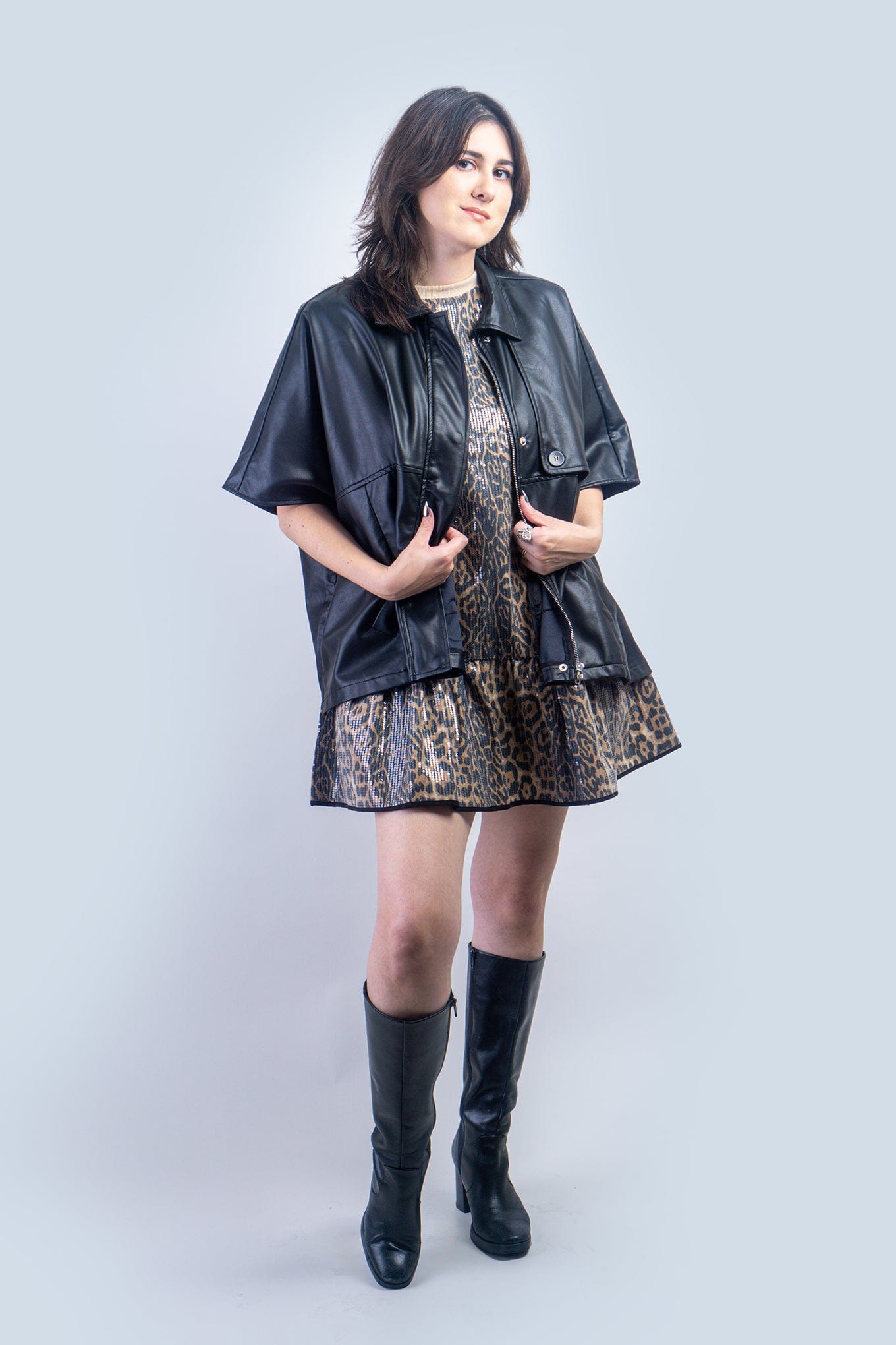 DCD JACKETS Black Faux Leather Oversized Cape Jacket