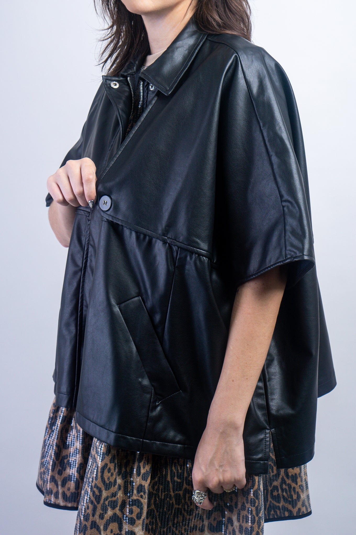 DCD JACKETS Black Faux Leather Oversized Cape Jacket