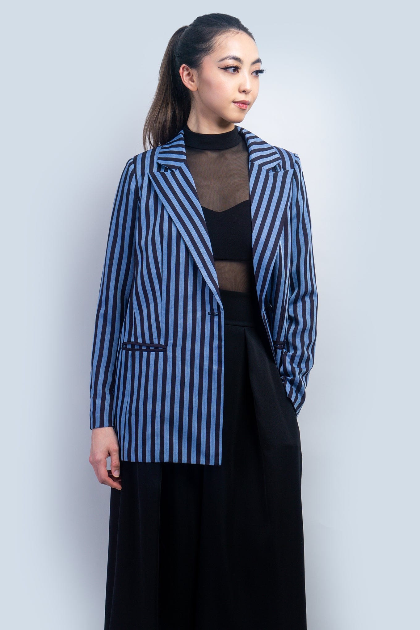 DCD JACKETS Navy and Denim Blue Stripe Belted Blazer Jacket