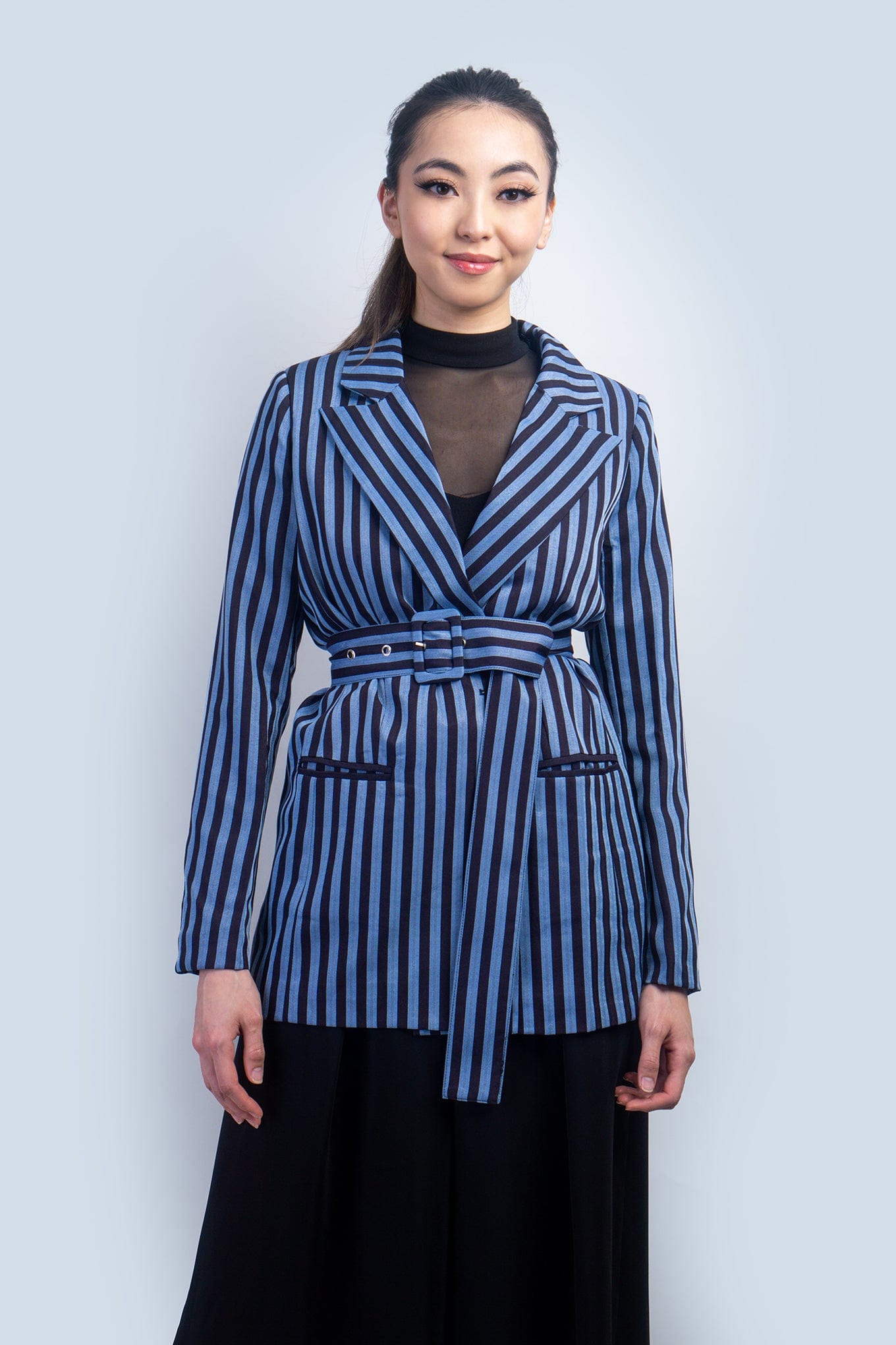 DCD JACKETS Navy and Denim Blue Stripe Belted Blazer Jacket