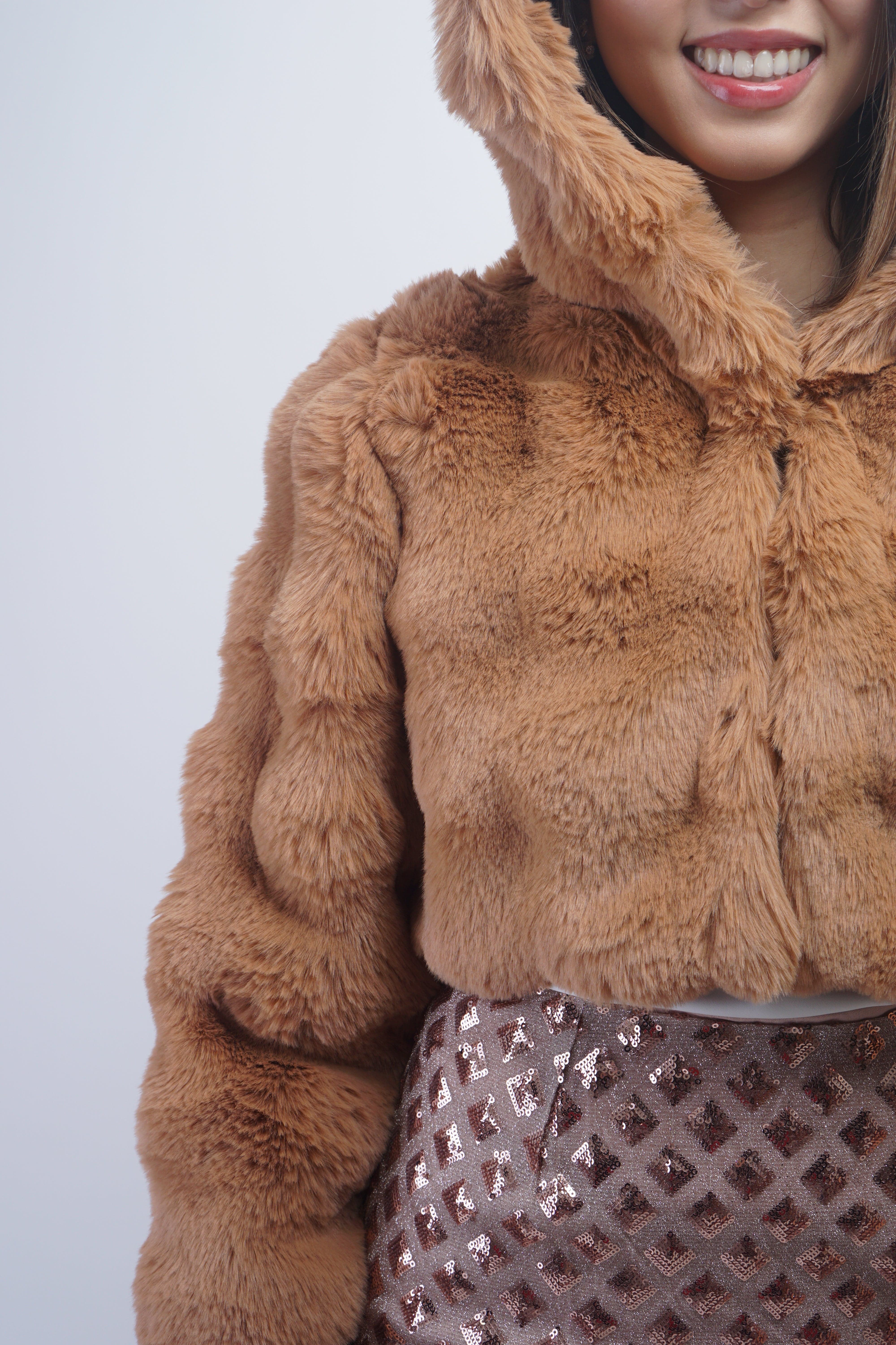 DCD JACKETS Tan Faux Fur Hooded Crop Jacket