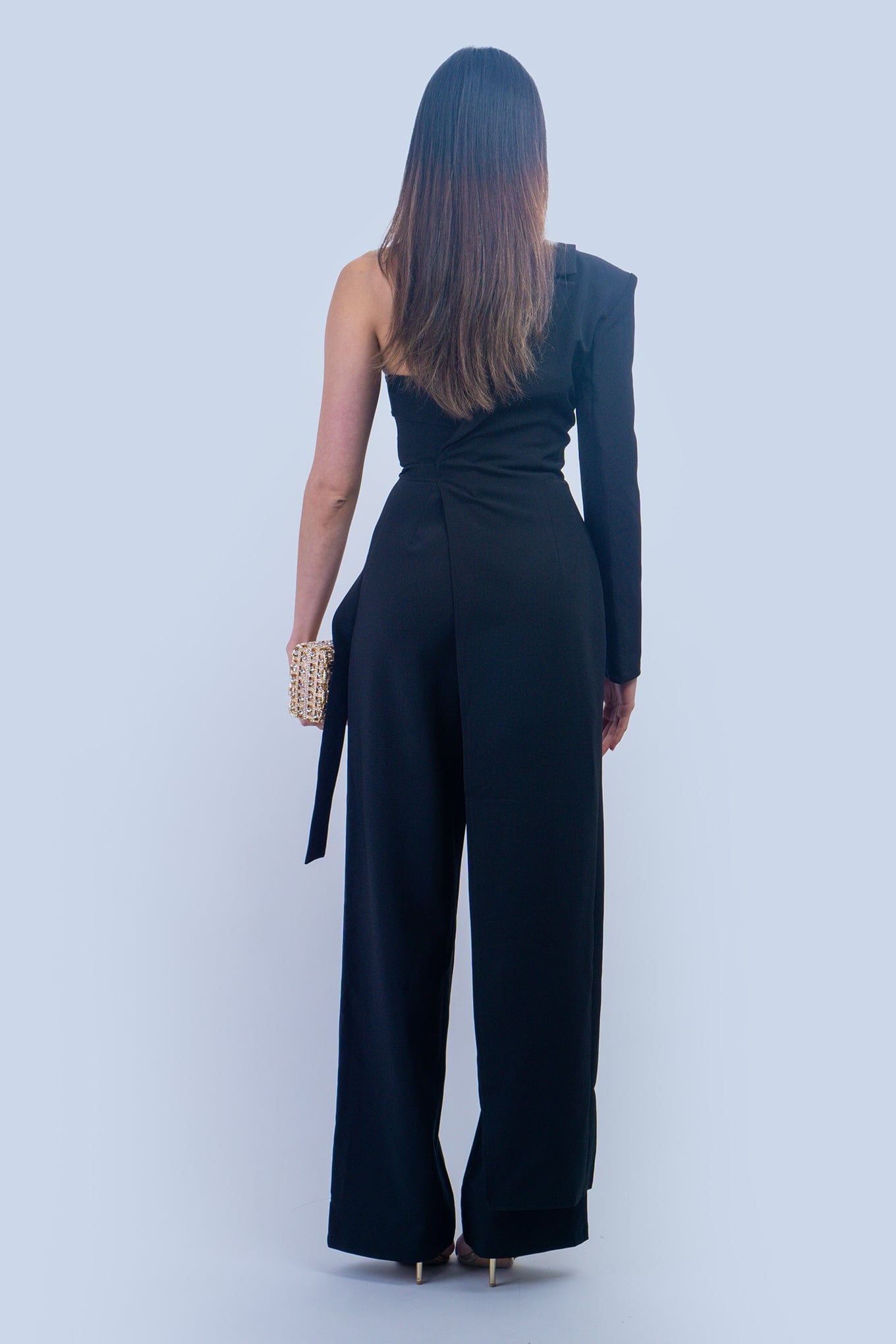 DCD JUMPSUITS Black Strapless Corset Jumpsuit with Wrap One Shoulder Jacket