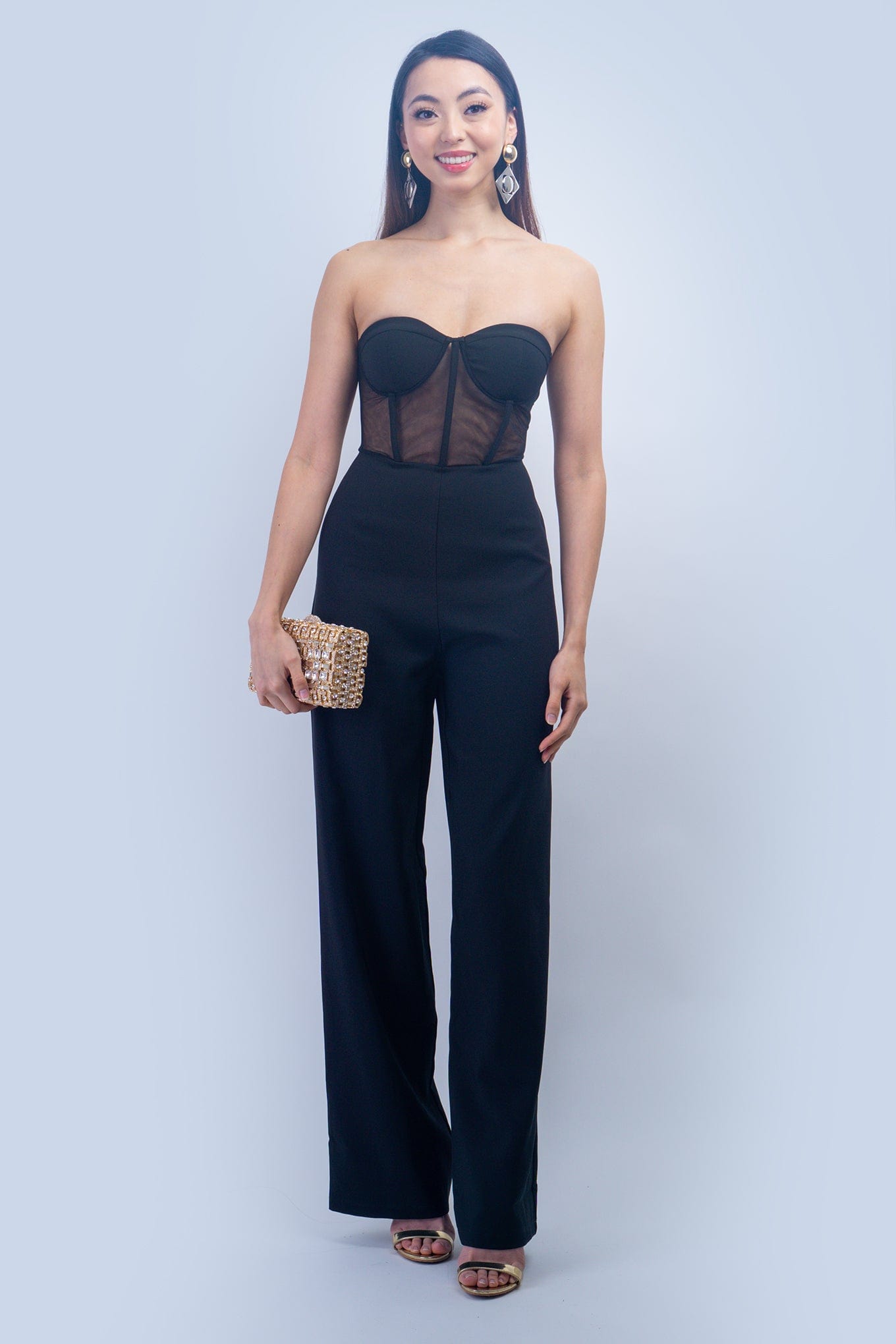 DCD JUMPSUITS Black Strapless Corset Jumpsuit with Wrap One Shoulder Jacket