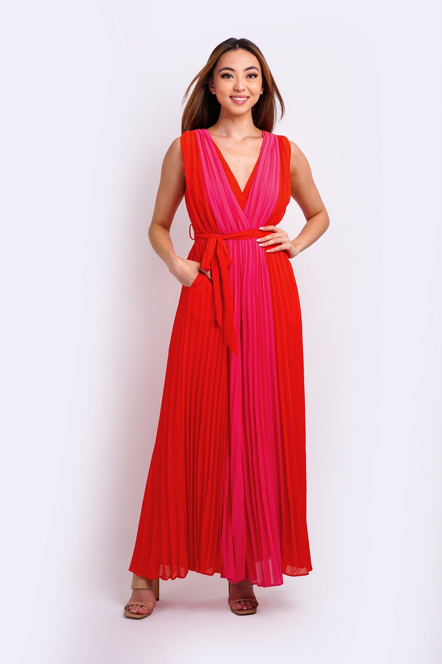 Pink Red Color Block Pleats Jumpsuit Chloe Dao