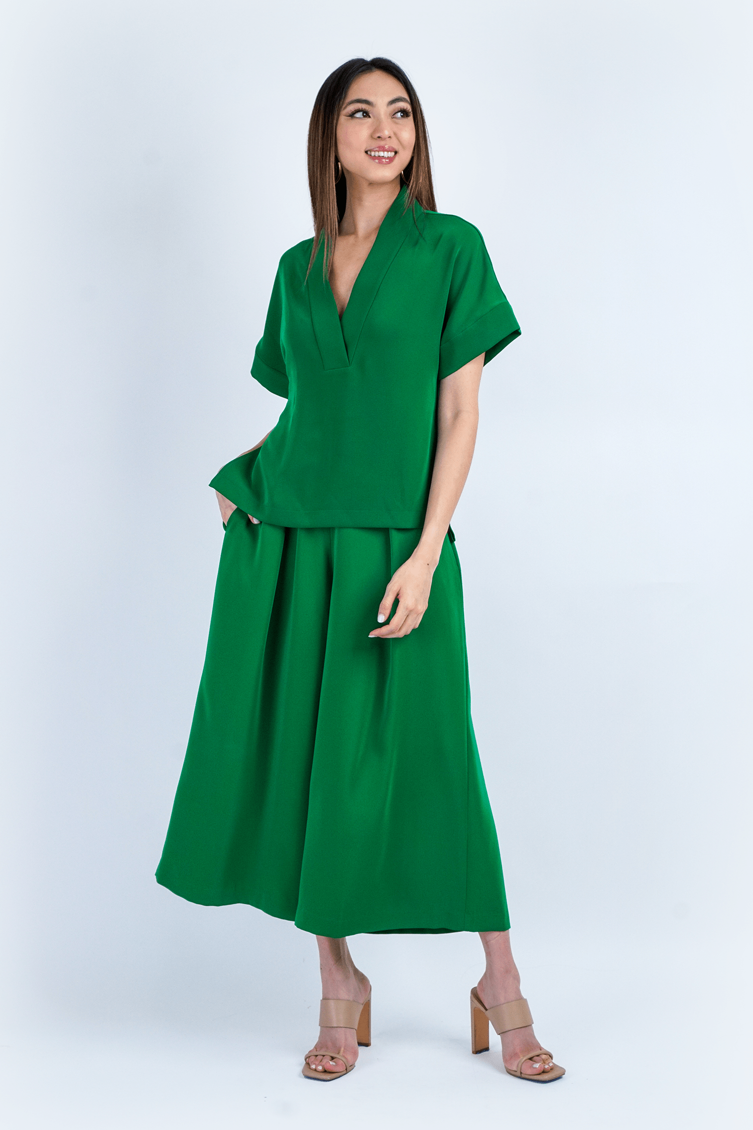 Chloe Dao PANTS Green Pleated High Waist Wide Leg Kira Pants