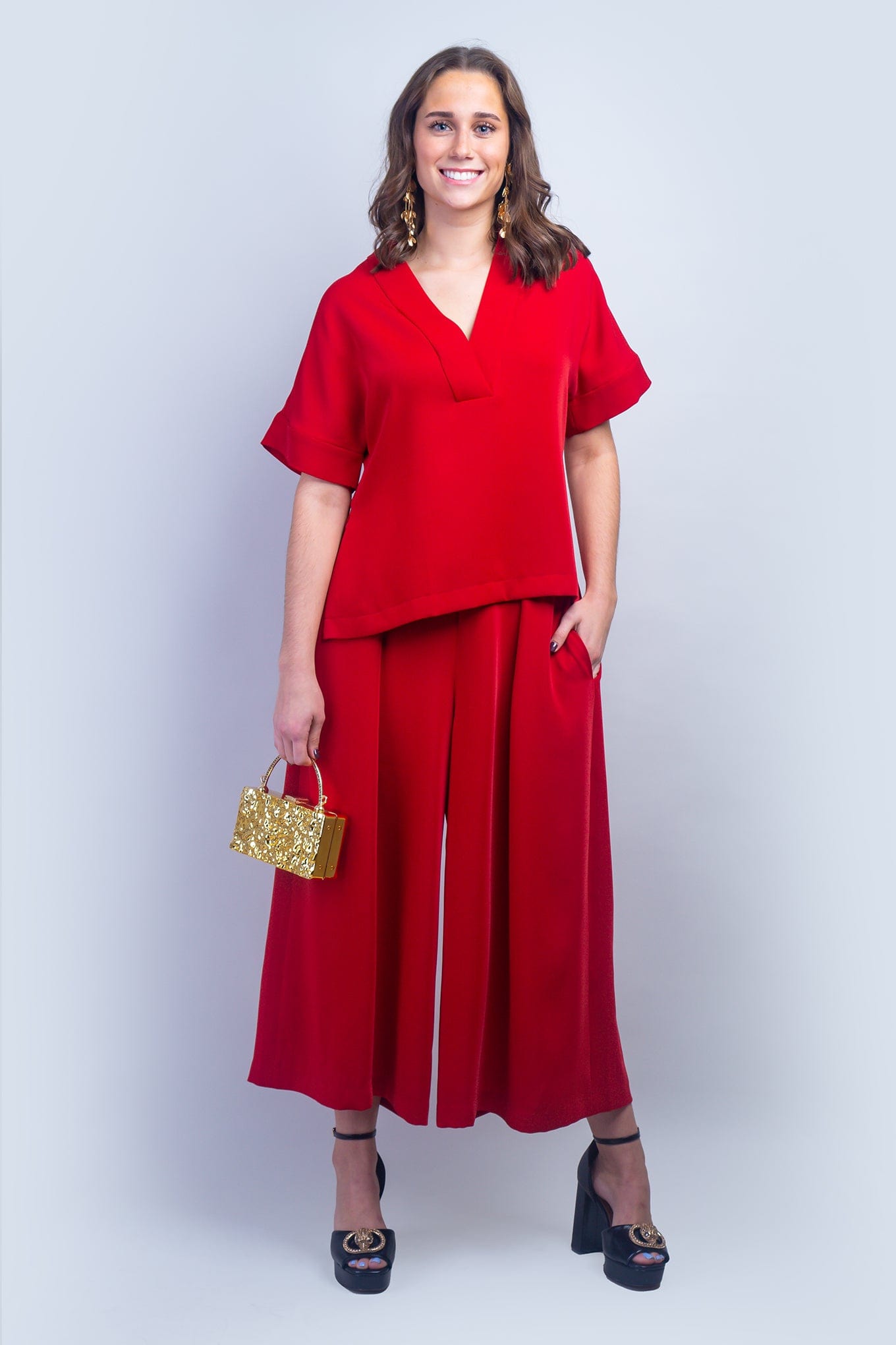 Chloe Dao PANTS Red Pleated High Waist Wide Leg Kira Pants