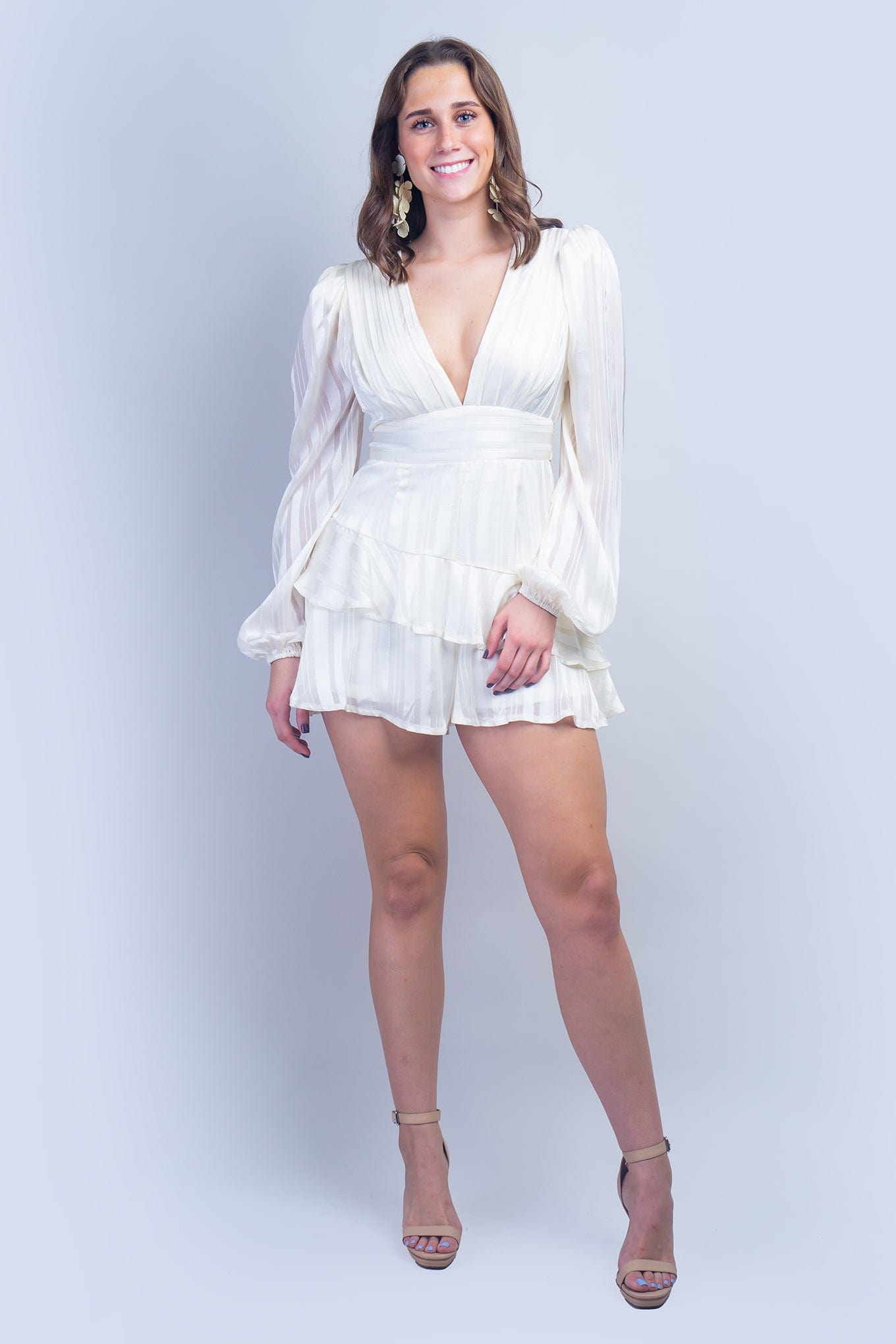 DCD ROMPERS Cream V Neck Pleated Long Sleeve Romper