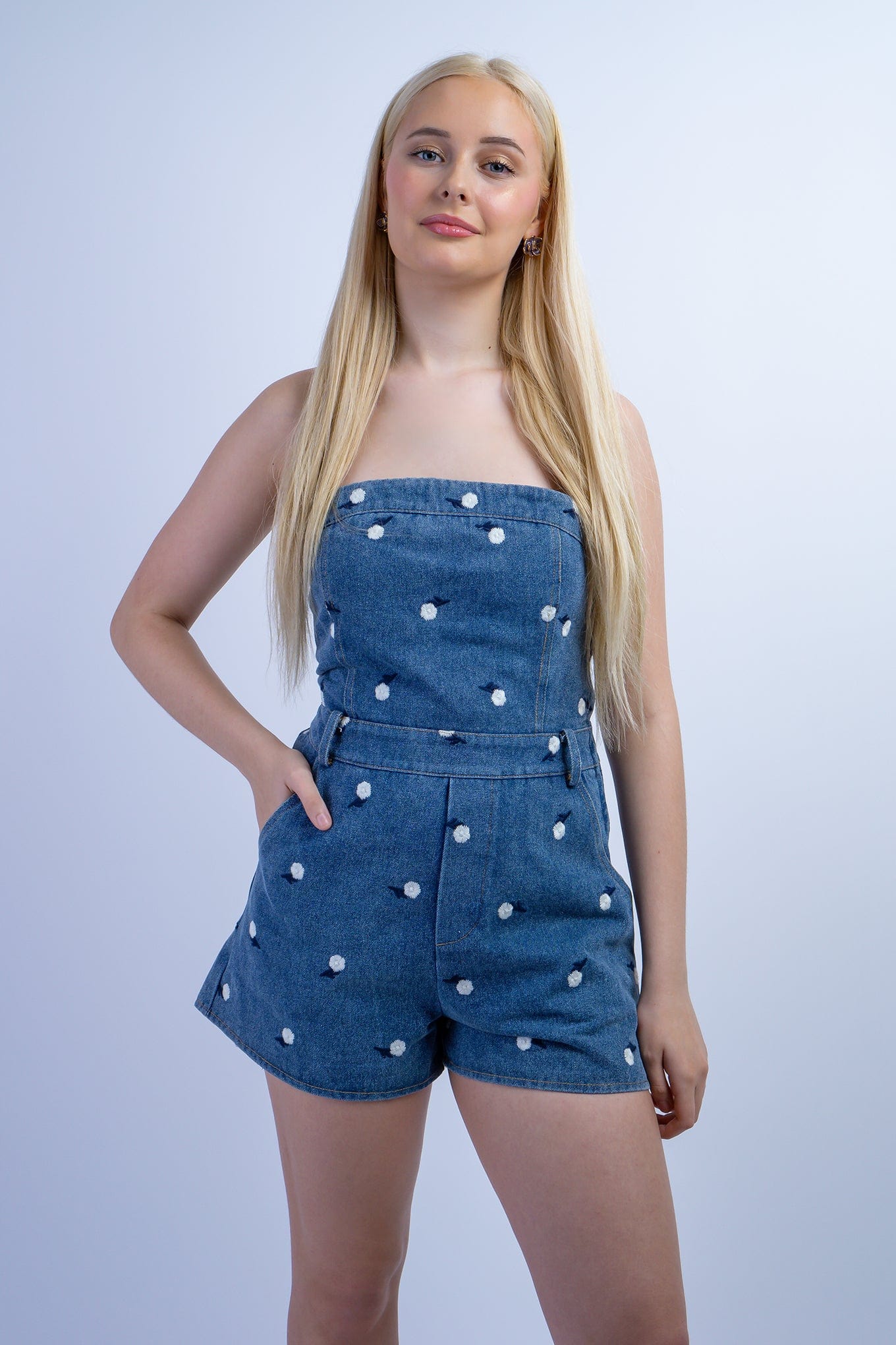 DCD ROMPERS Denim Embroidered Strapless Romper