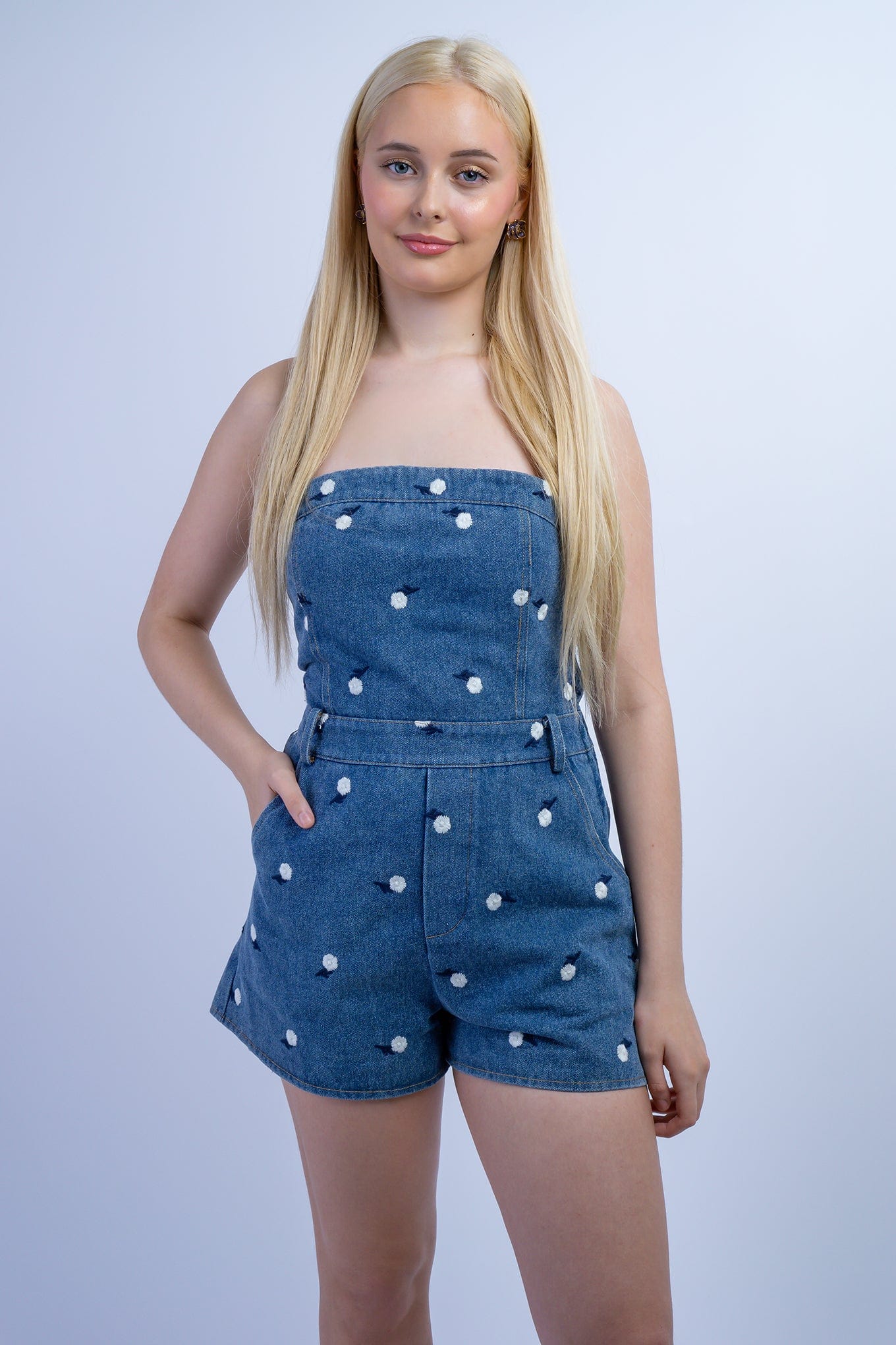 DCD ROMPERS Denim Embroidered Strapless Romper