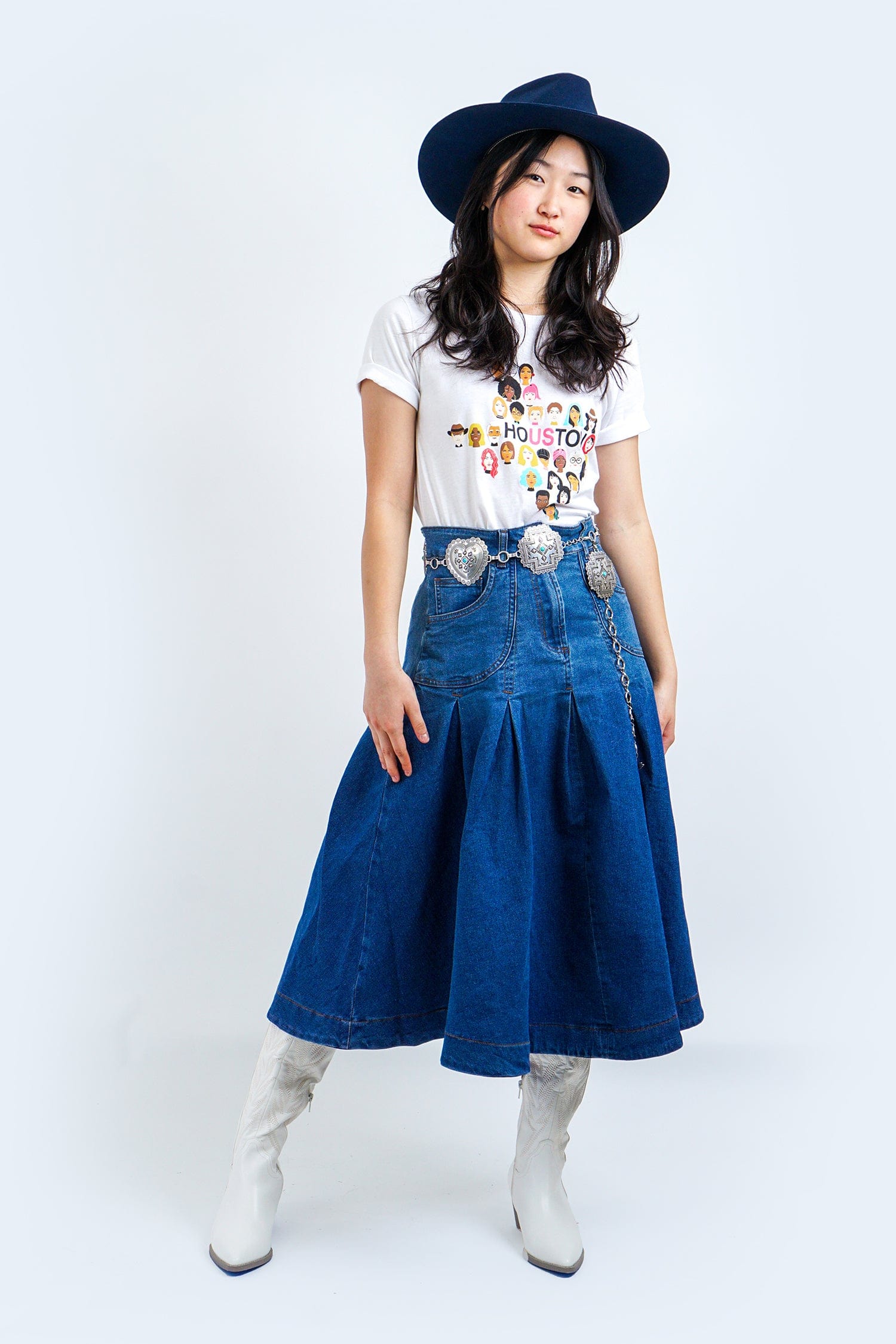 Pleated denim flare outlet skirt