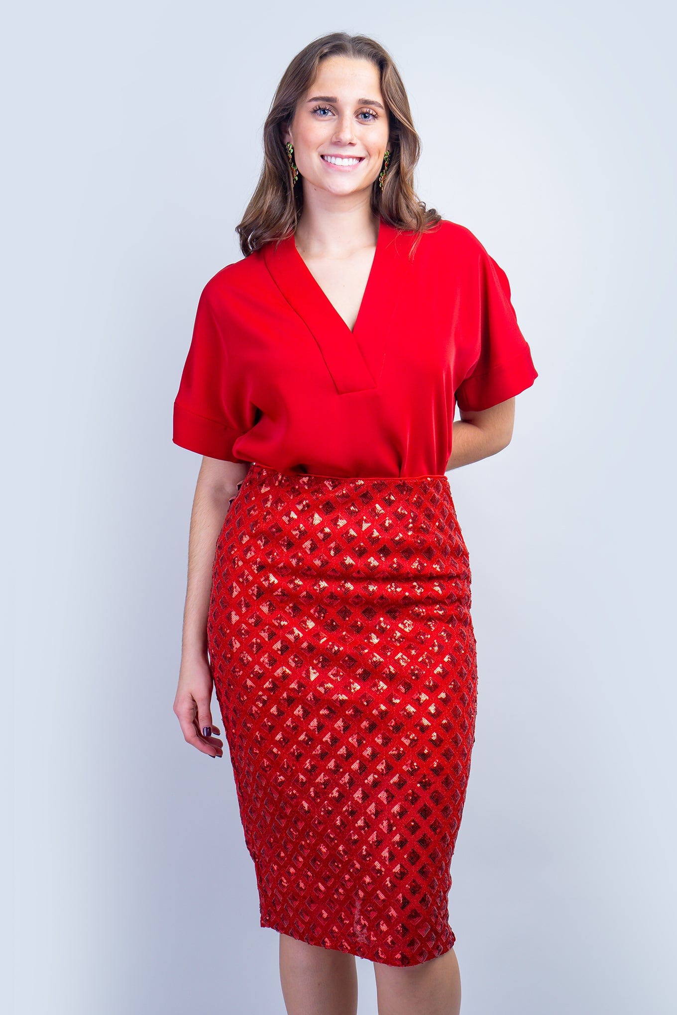 DCD SKIRTS Red Sequin Midi Skirt