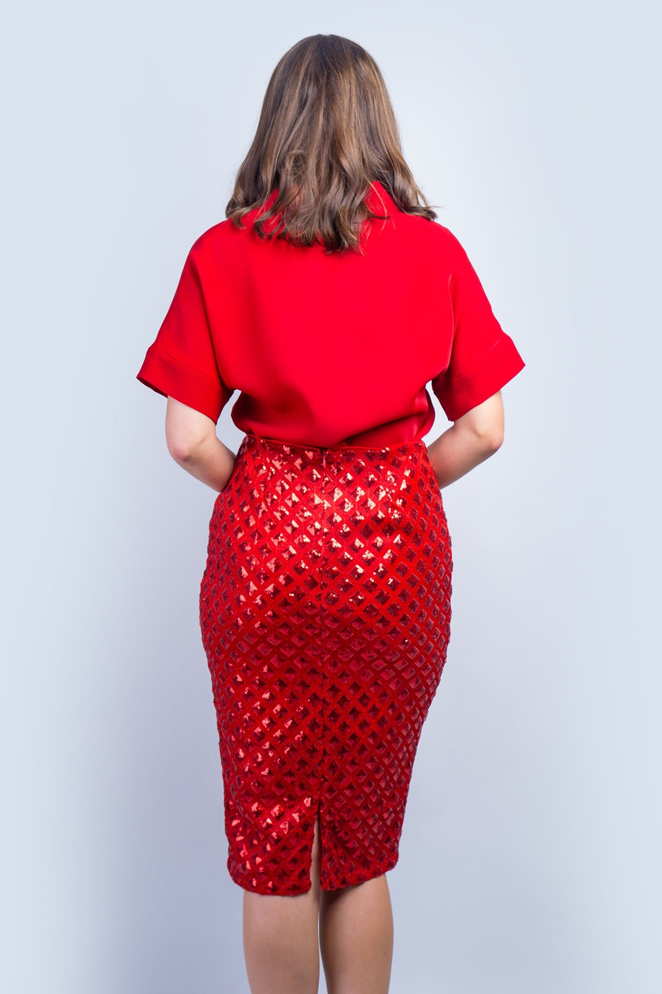 DCD SKIRTS Red Sequin Midi Skirt