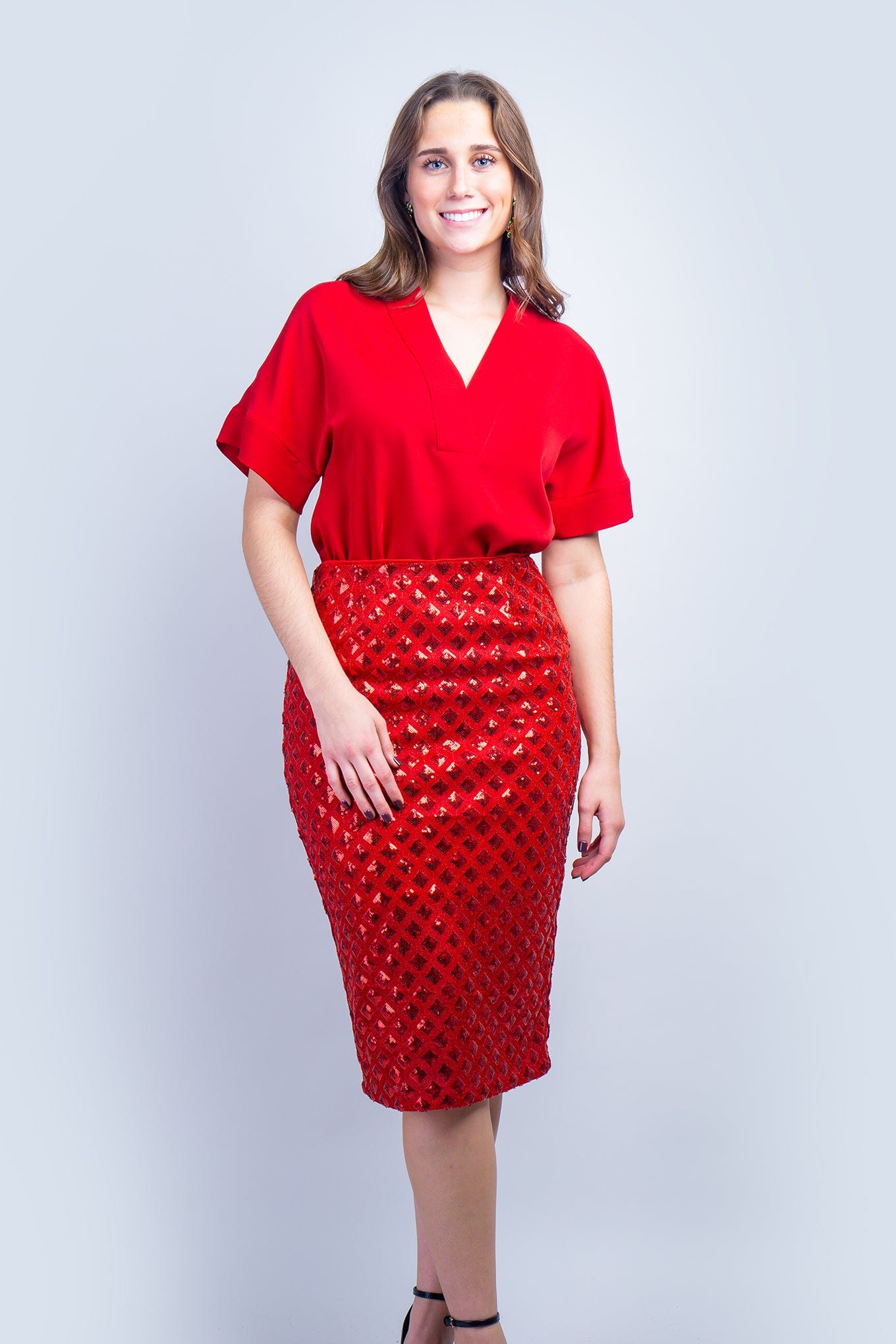 DCD SKIRTS Red Sequin Midi Skirt