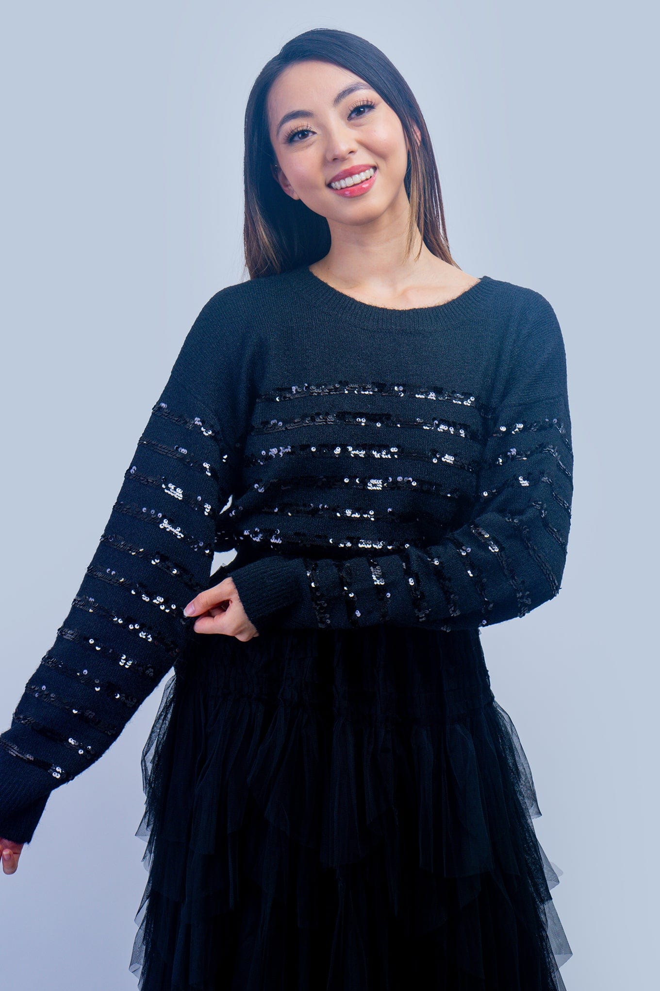 DCD SWEATERS Black Sequin Stripe Wool Blend Sweater