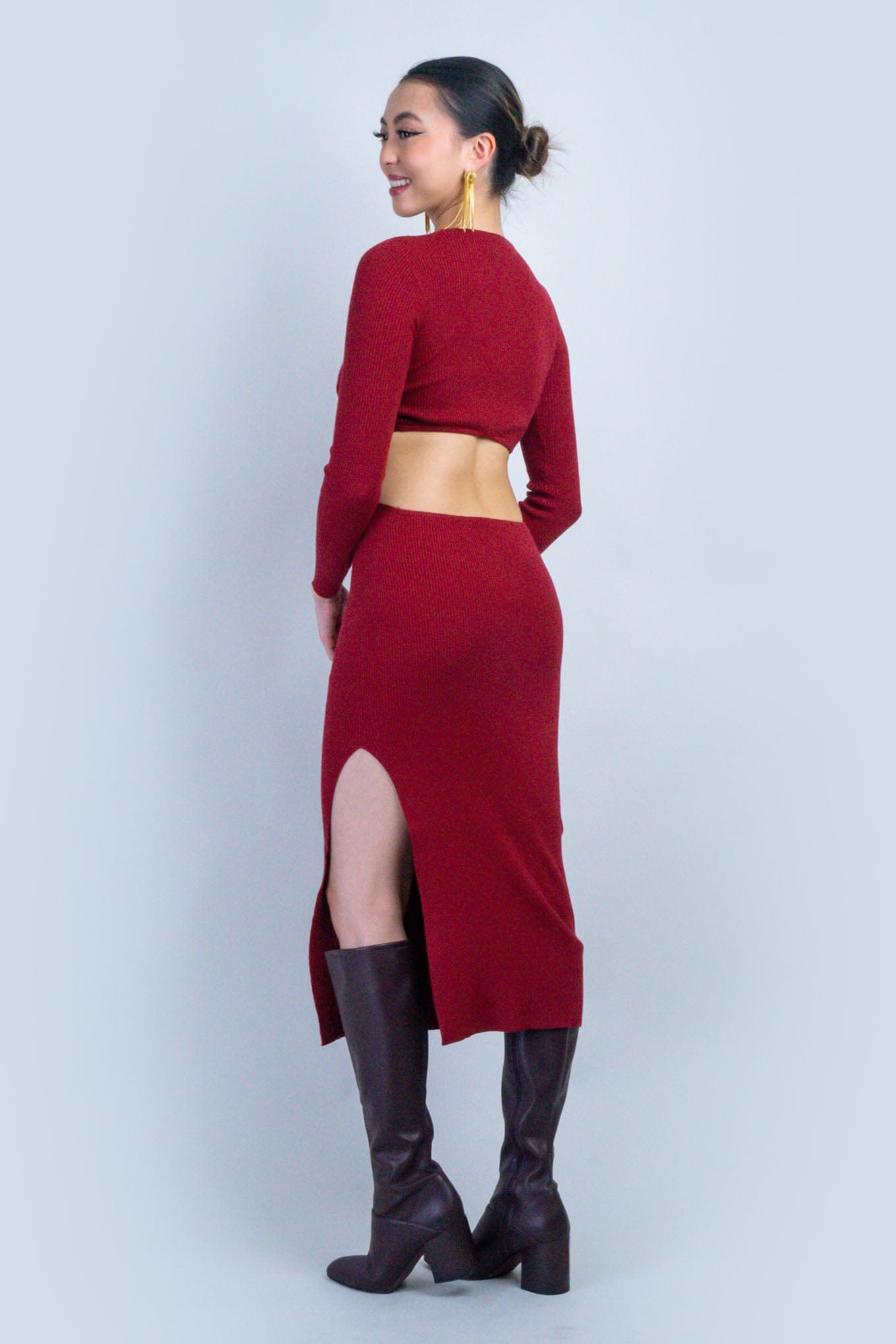 DCD SWEATERS Wine Cut Out Midi Sweater Dress