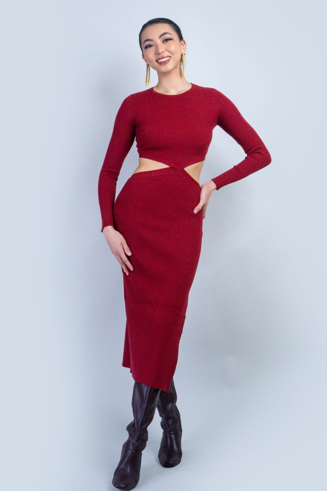 DCD SWEATERS Wine Cut Out Midi Sweater Dress