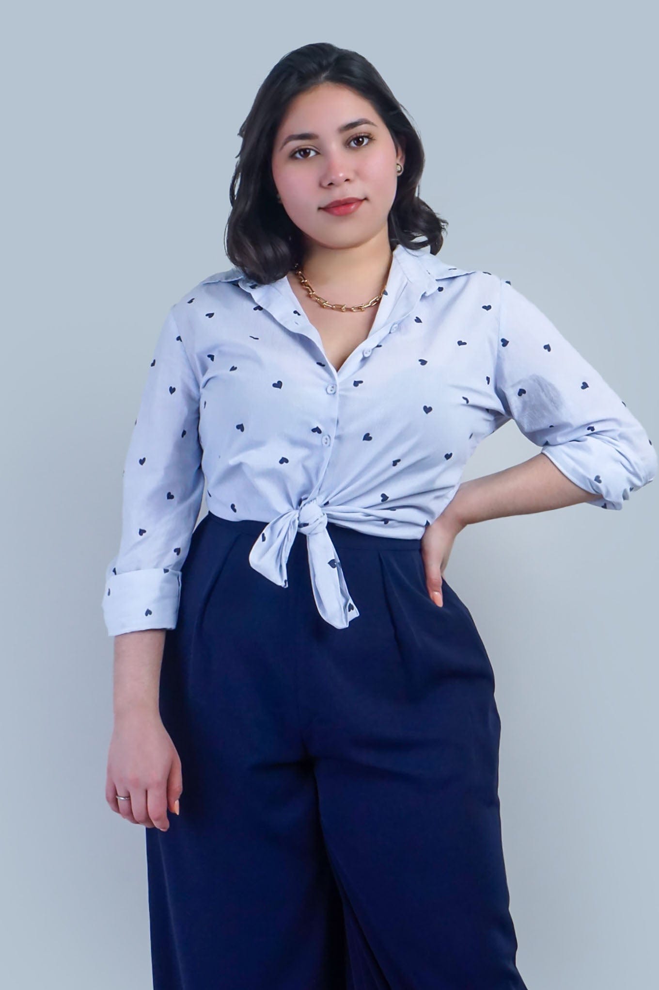 Chloe Dao TOPS Blue Heart Stripe Cotton Jennifer Dress Shirt