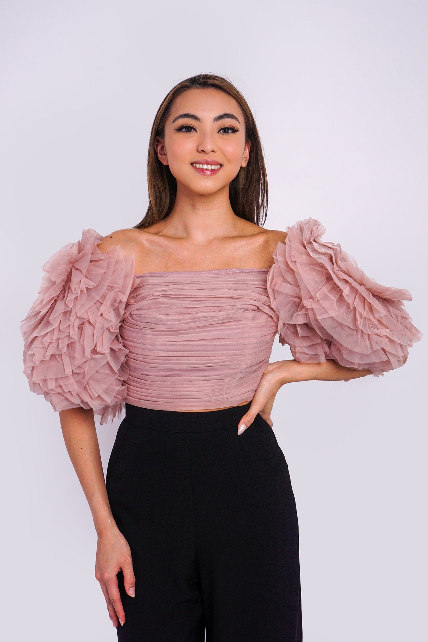 Blush Pink Big Flower Sleeve Strapless Top