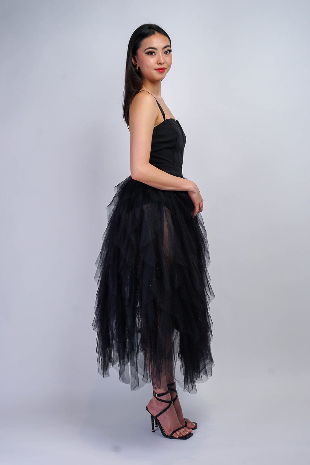 DCD Dresses Black V Ruffle Tulle Dress