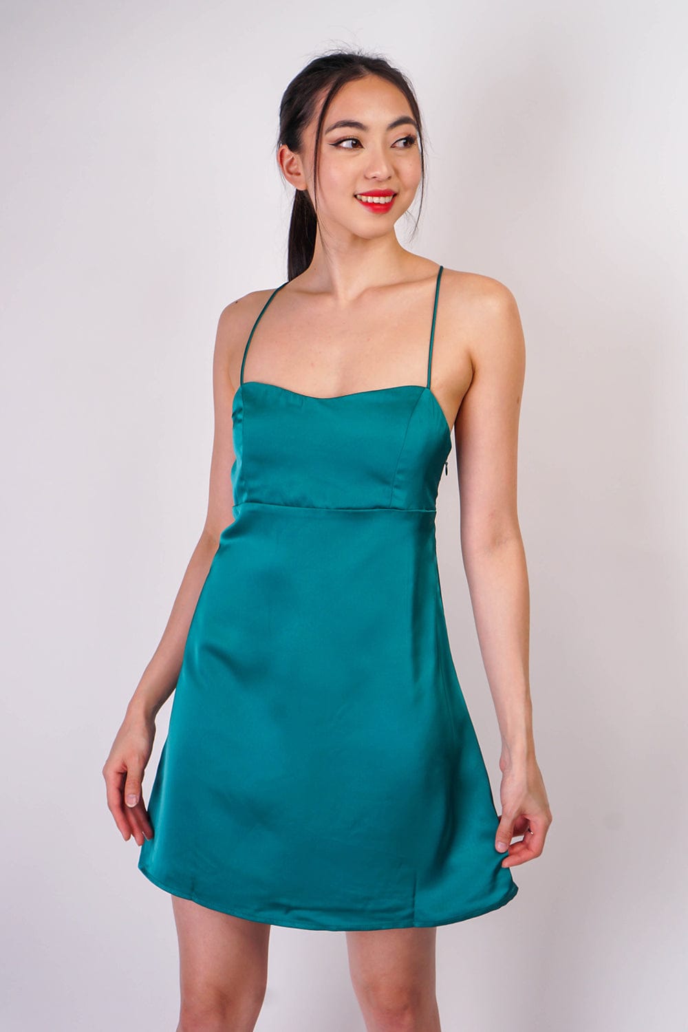 Emerald satin mini clearance dress