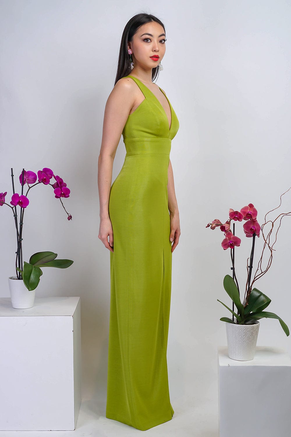 DCD GOWNS Lime Green Luxe V Neck Front Slit Gown