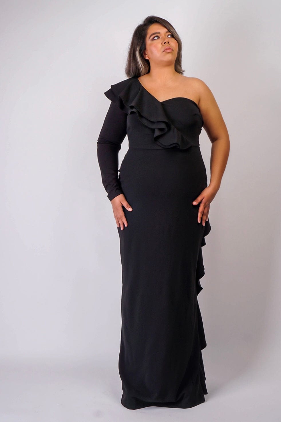 DCD GOWNS Plus Black  One  Shoulder Ruffle  Gown